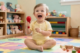 Bébé de 18 mois qui secoue des maracas colorées lors d'une activité musicale en crèche