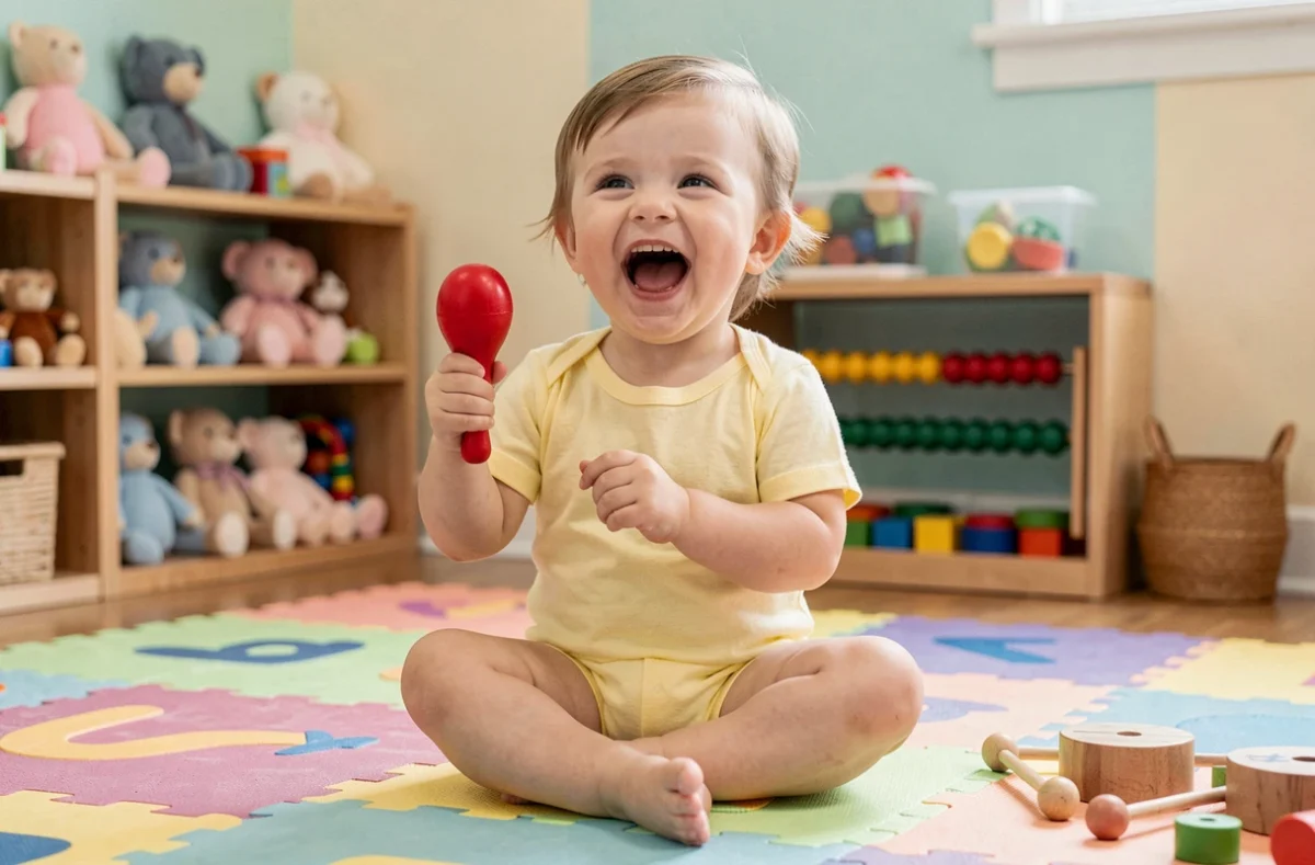 Bébé de 18 mois qui secoue des maracas colorées lors d'une activité musicale en crèche
