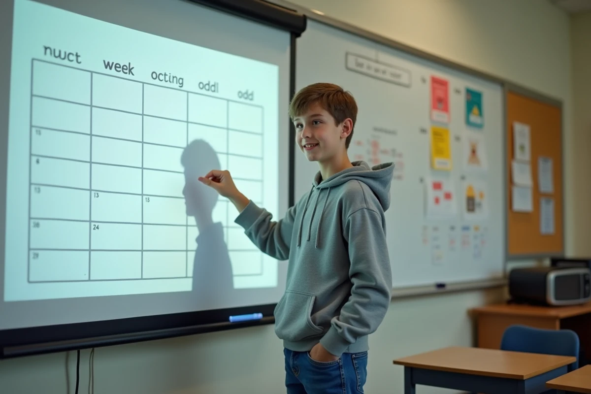 Adolescent expliquant un calendrier numérique en classe