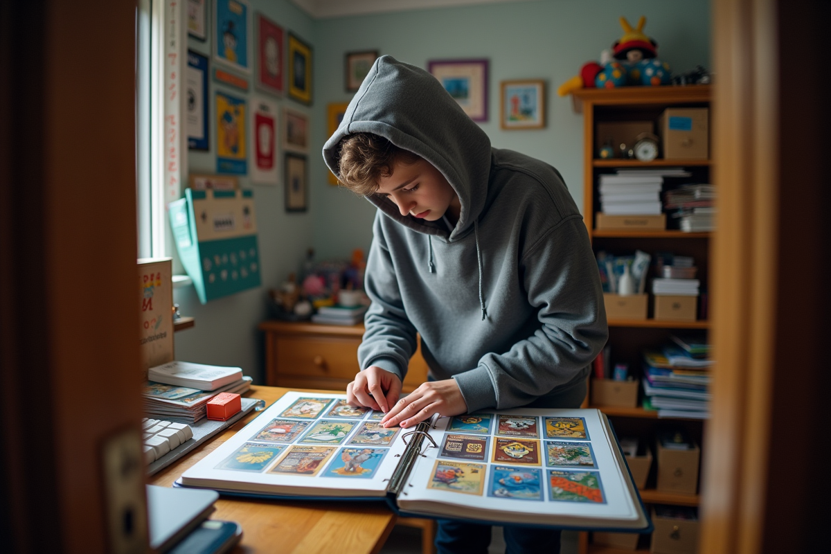 Adolescent organisant ses cartes à collectionner dans sa chambre