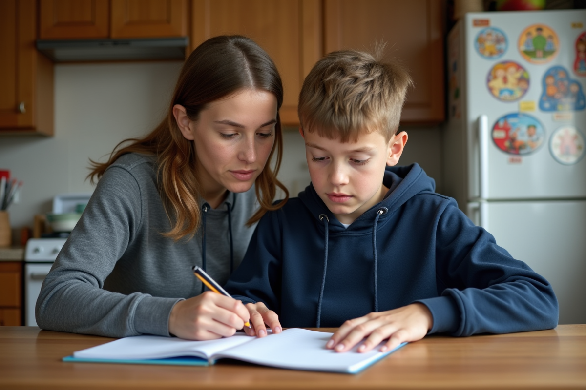 Adolescent aidant sa mère à faire ses devoirs dans la cuisine