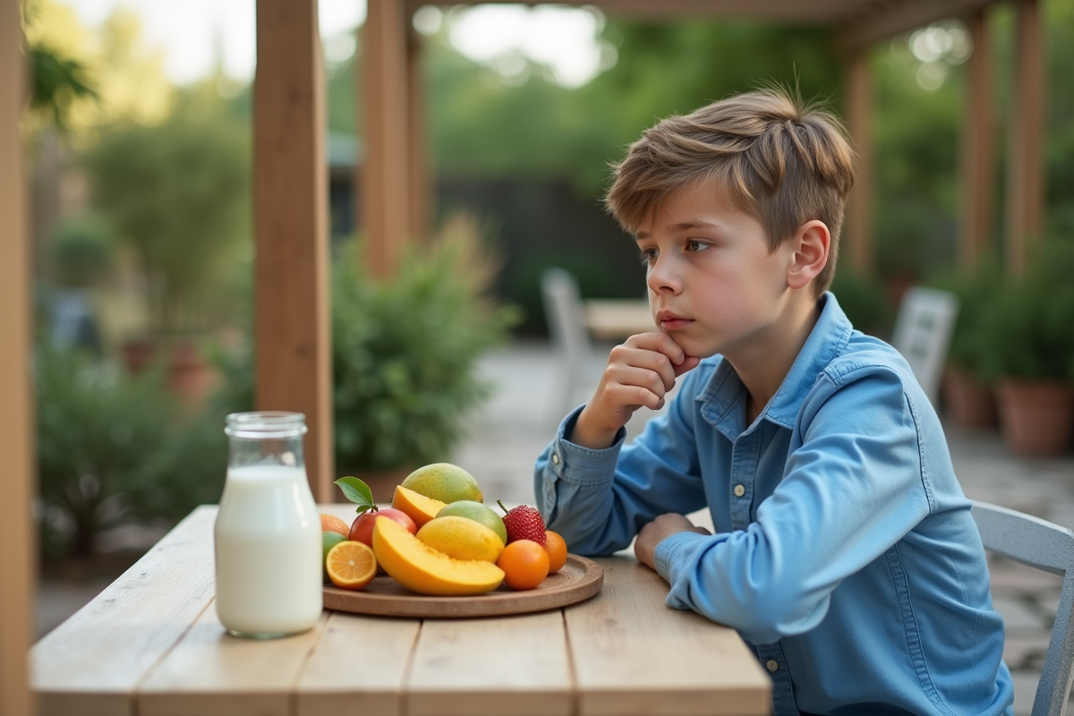 Adolescent hésitant devant un petit déjeuner de fruits en extérieur