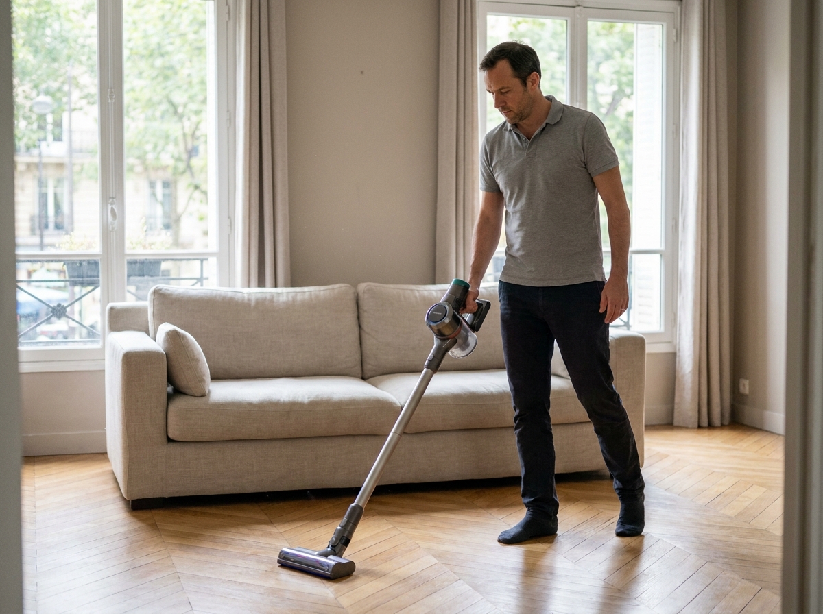 Aide à domicile masculin passant l'aspirateur dans un salon lumineux à Courbevoie avec parquet en chevron