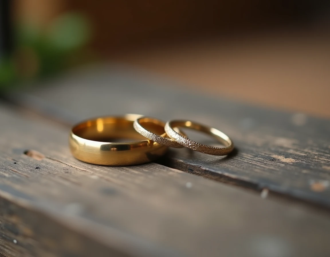 Deux alliances en or posées sur une surface en bois, symbolisant un mariage long et solide