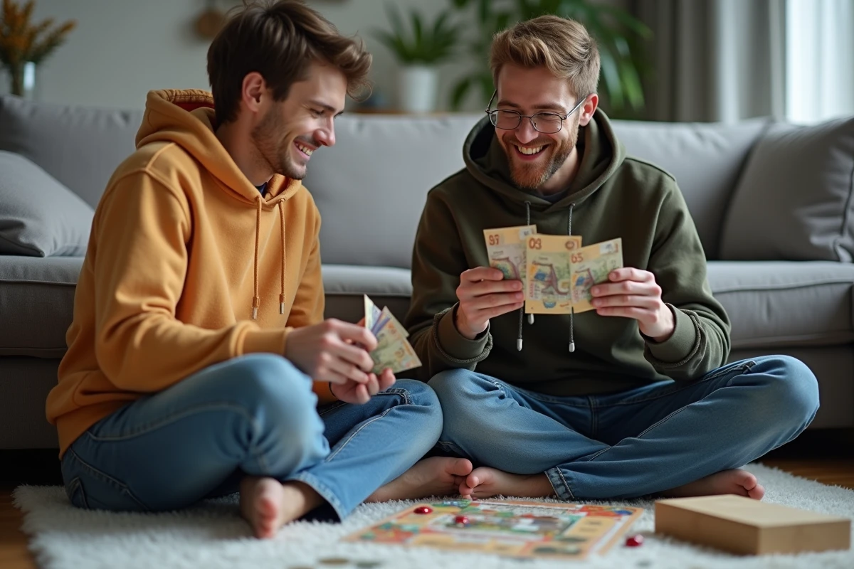 Deux amis jouant une variante rapide de la Bonne Paye assis par terre dans un salon moderne