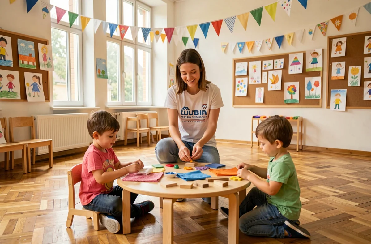 Animation associative de l'Association Bout'Chou Colmar, une animatrice supervisant des enfants en activités d'éveil dans une salle communautaire