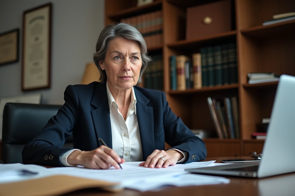 Avocate spécialisée en droit de la famille consultant un dossier dans son cabinet, illustrant les procédures judiciaires de garde
