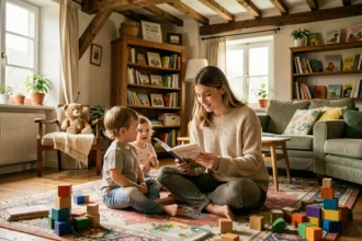 Baby-sitter lisant un livre illustré à deux jeunes enfants dans un appartement alsacien chaleureux, vue grand angle