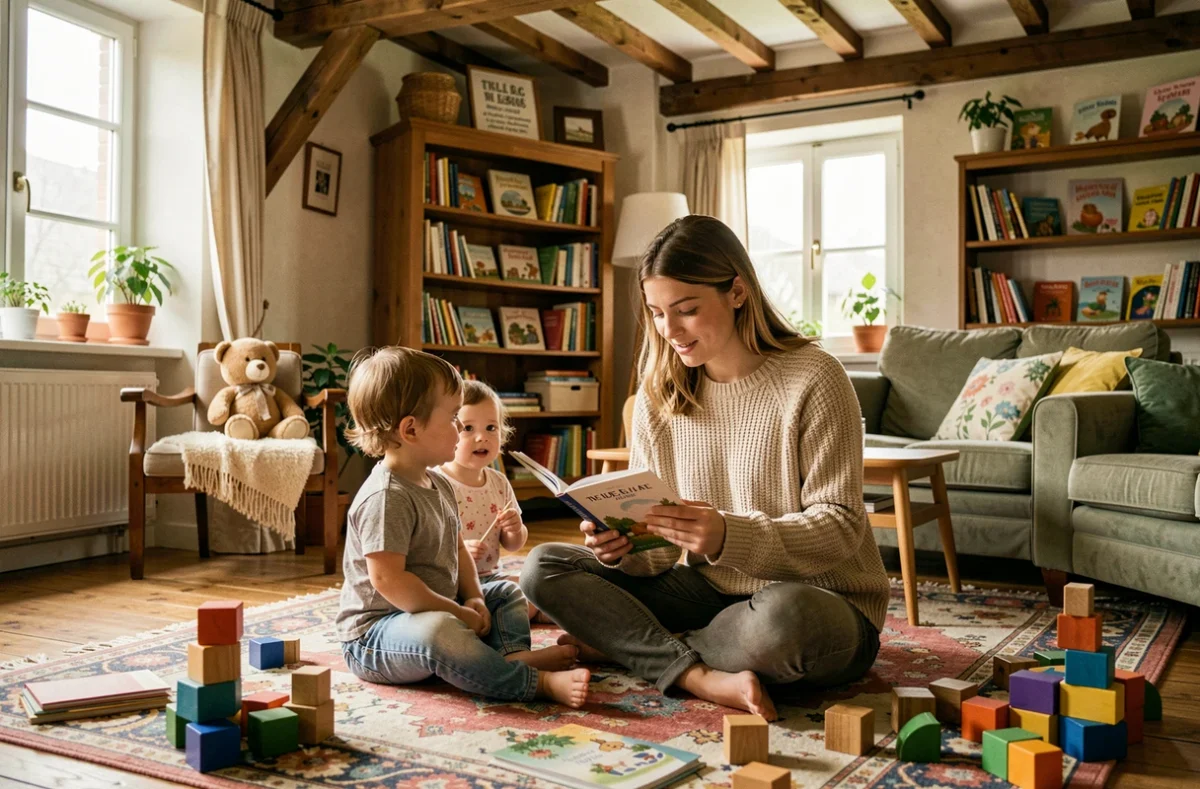 Baby-sitter lisant un livre illustré à deux jeunes enfants dans un appartement alsacien chaleureux, vue grand angle