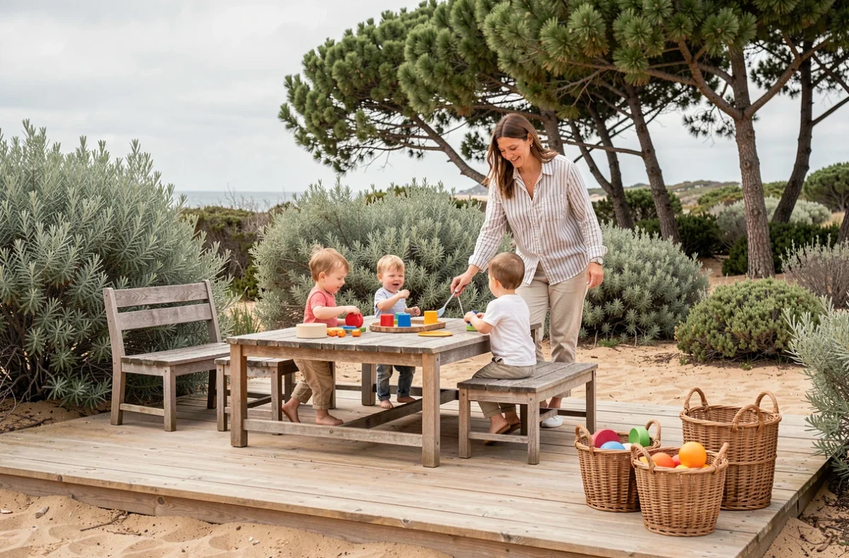 Terrasse extérieure de la micro-crèche Baby Spot à Hossegor dans les Landes avec végétation côtière