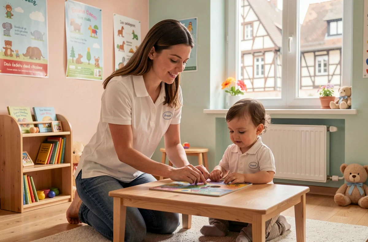 Baby-sitter spécialisée petite enfance de Babychou Services Strasbourg faisant un puzzle avec un tout-petit dans une salle de jeux colorée