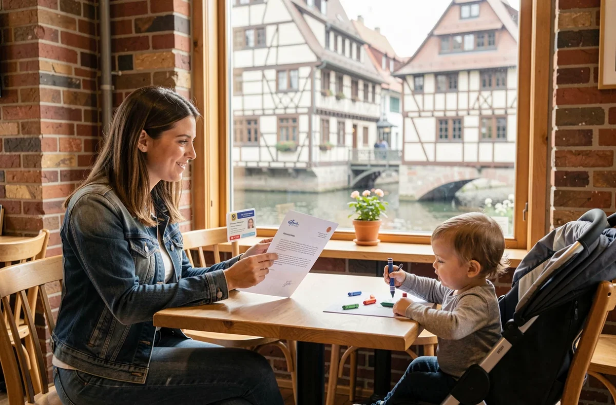 Une baby-sitter vérifiée de la communauté Babysits Strasbourg présentant son badge et ses références à des parents dans un café alsacien en bord de canal