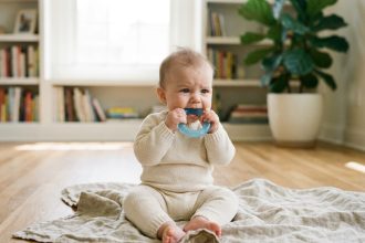 Bébé de 7 mois qui mâche un anneau de dentition en silicone pour soulager la poussée dentaire naturellement