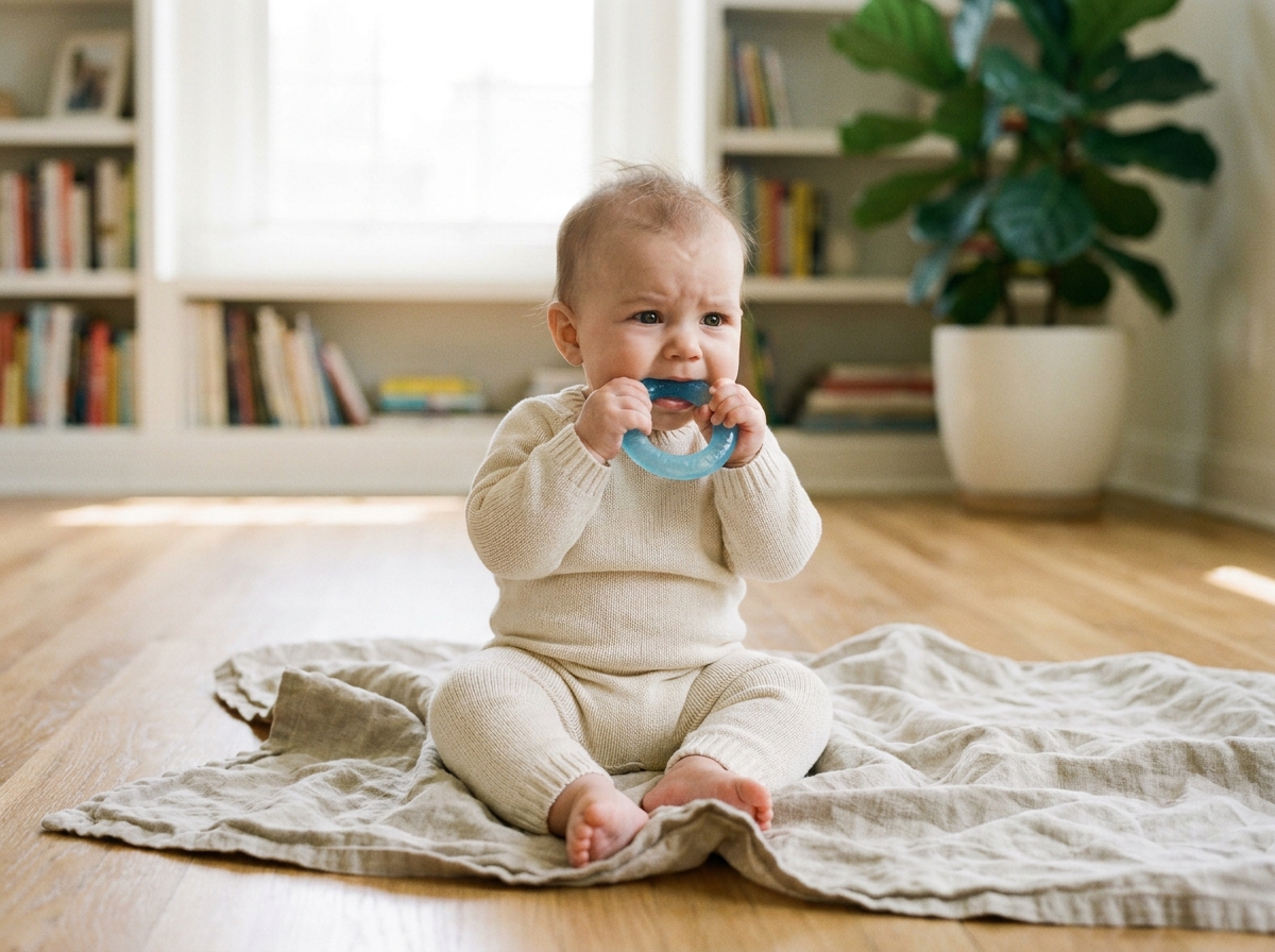 Bébé de 7 mois qui mâche un anneau de dentition en silicone pour soulager la poussée dentaire naturellement