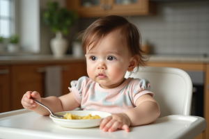 Bébé fille curieuse mangeant des légumes dans la cuisine