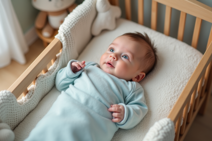 Bébé de six mois dans un lit en bois dans une nurserie douce