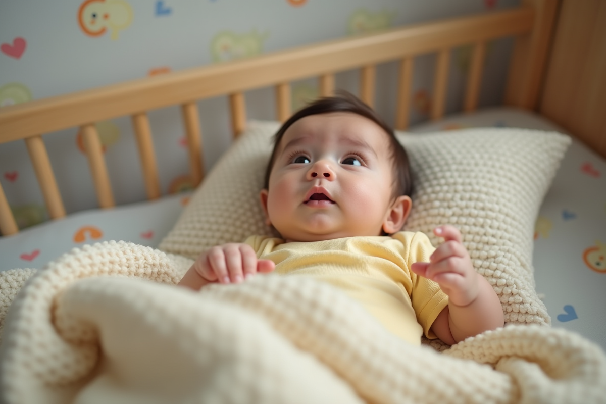 Bebe fille de 9 mois regardant dans son berceau avec un doudou