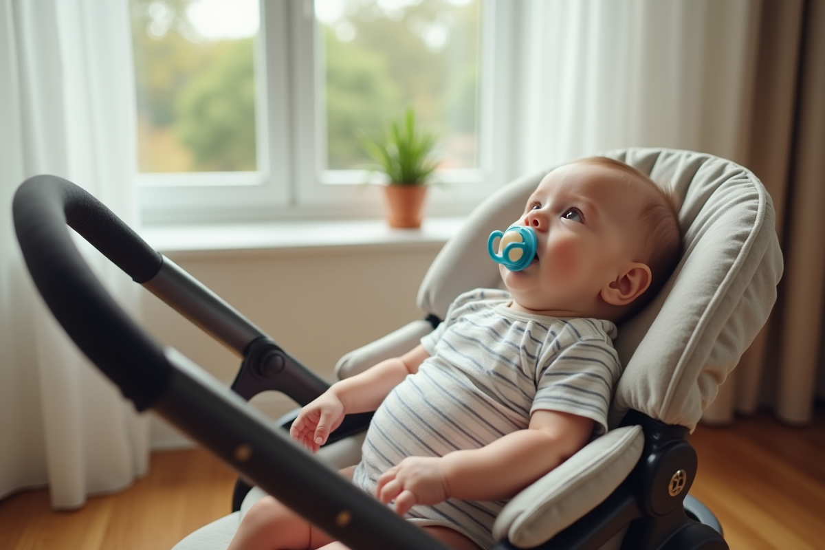 Bébé garçon de 3 mois dans une poussette intérieure au repos