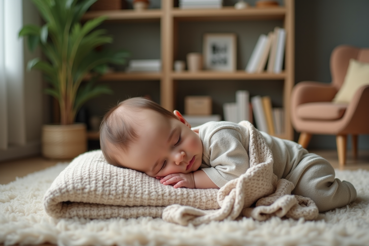 Bebe garcon dormant avec une couverture en tricot dans un salon chaleureux