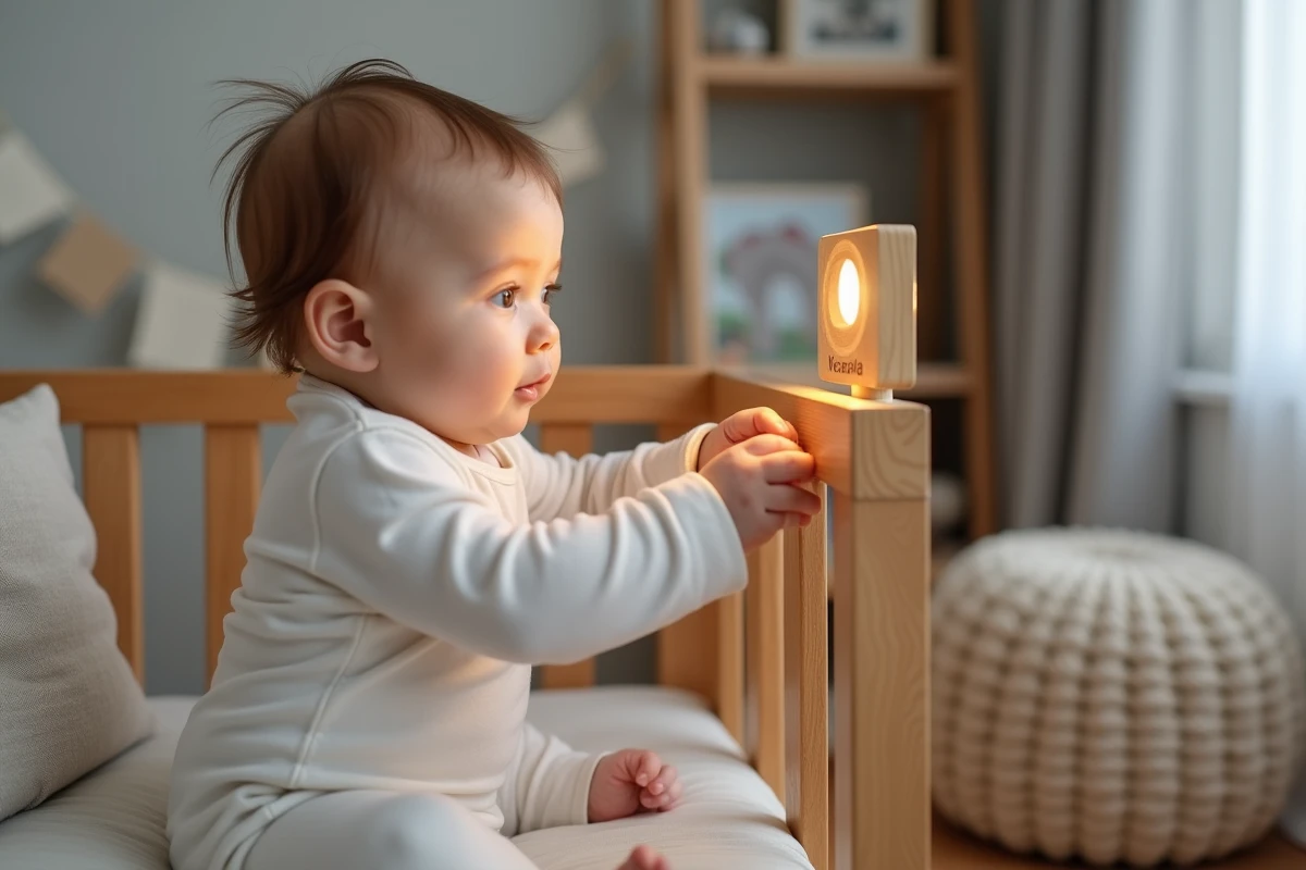 Bébé assis dans son lit en bois tendant la main vers une veilleuse personnalisée en bois avec prénom et motif lune