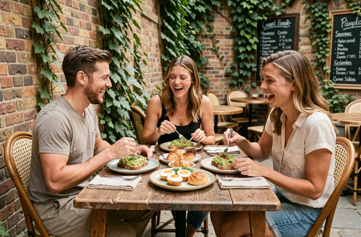 Groupe d'amis savourant un brunch en terrasse dans un café parisien avec des plats faits maison et une ambiance conviviale