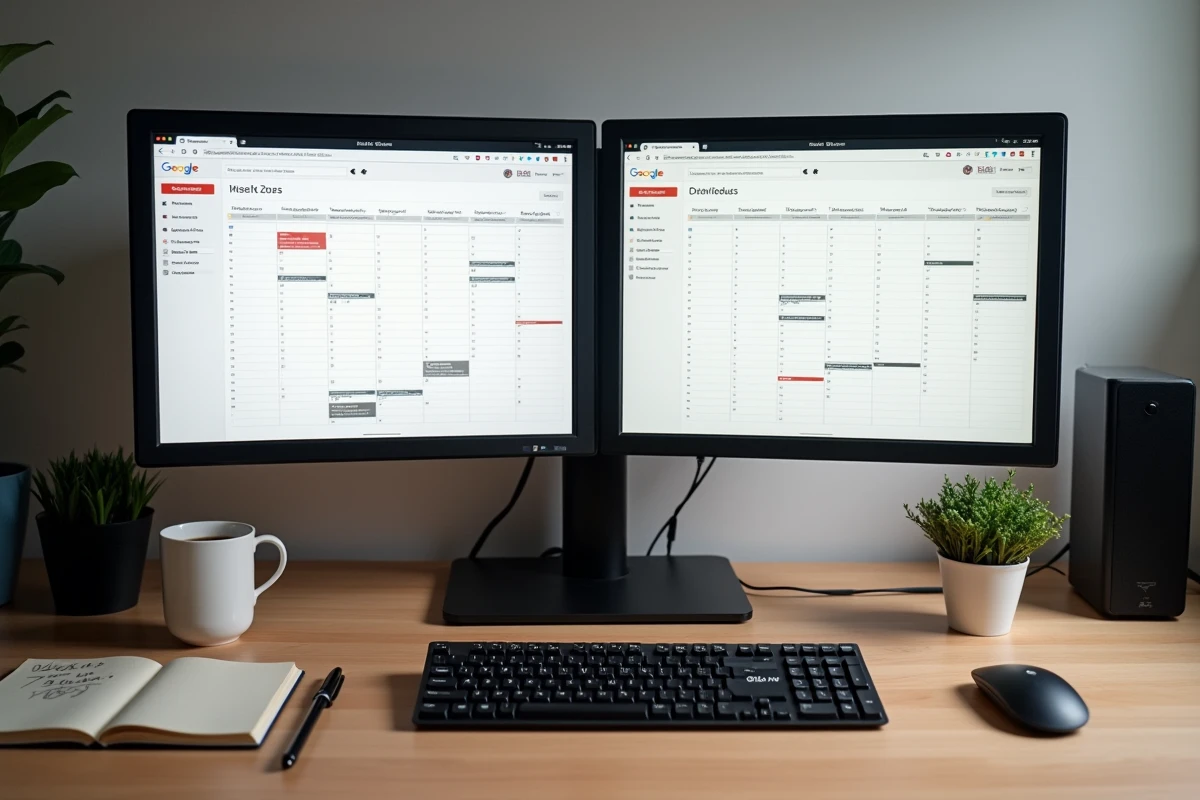 Bureau avec double écran affichant Google Agenda 2026 et planning de semaines paires et impaires organisé