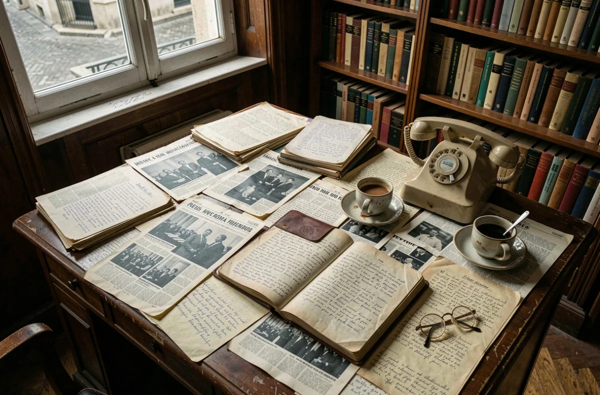 Bureau de journaliste d'investigation des années 1970 couvert de photographies noir et blanc et de notes manuscrites liées à l'affaire Mesrine