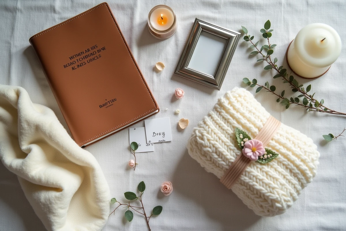 Sélection de cadeaux de baptême originaux et personnalisés disposés en flat lay sur lin vintage