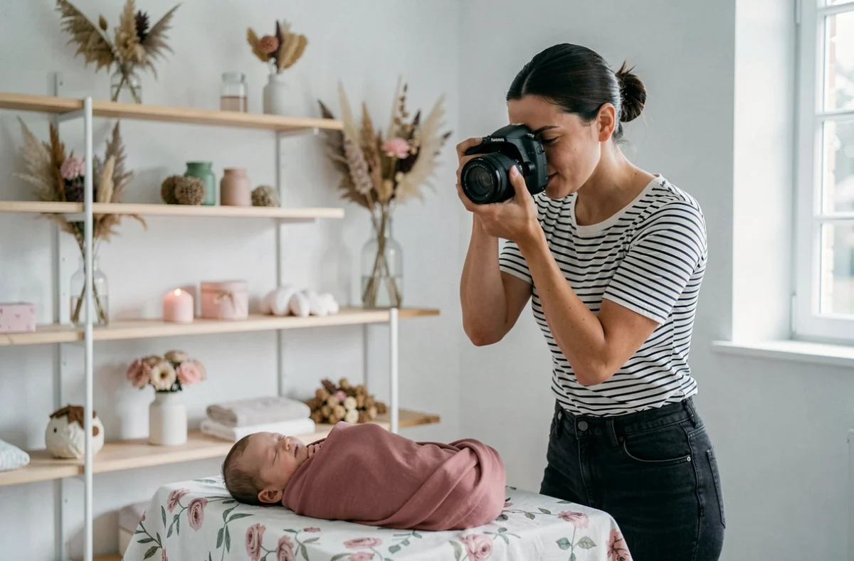 Céline Mahieu Photographie, photographe naissance à Mundolsheim, photographiant un nouveau-né enveloppé de rose dans un studio orné de fleurs séchées et de décors pastels
