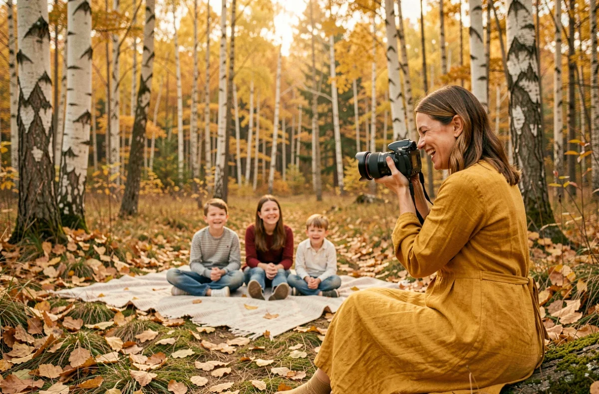 Citron et Mandarine, photographe famille dans le Grand Est, riant lors d'une séance photo en plein air dans une clairière de forêt alsacienne aux tons dorés automnaux
