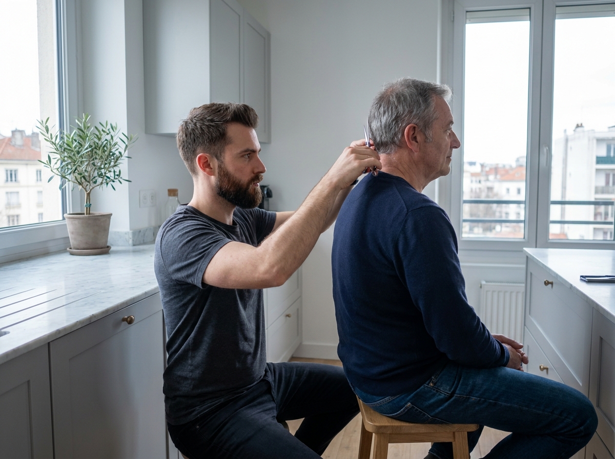Coiffeur à domicile effectuant une coupe homme dans une cuisine moderne à Lyon