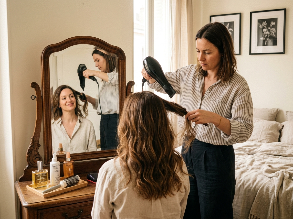 Coiffeuse à domicile réalisant un brushing dans une chambre à Lyon