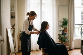 Coiffeuse à domicile réalisant une coupe de cheveux pour une cliente dans un appartement lyonnais
