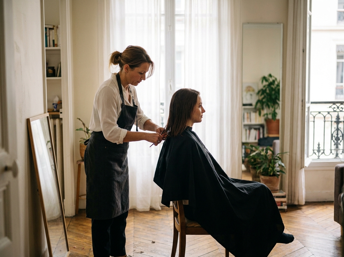 Coiffeuse à domicile réalisant une coupe de cheveux pour une cliente dans un appartement lyonnais