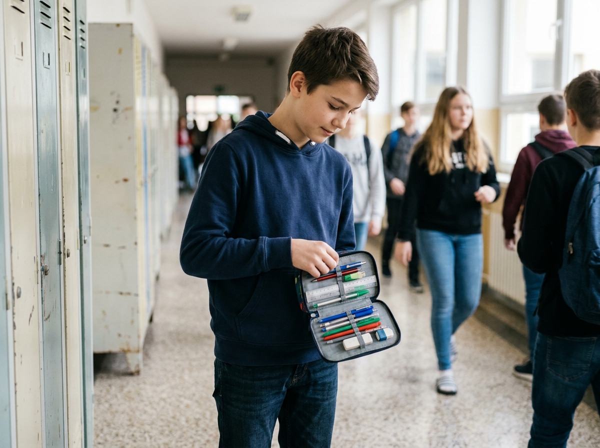Collégien ouvrant sa trousse scolaire colorée devant son casier dans un couloir d'école