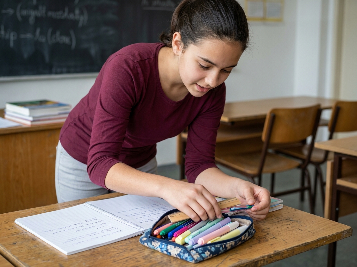 Collégienne organisant sa trousse scolaire tendance sur un bureau en bois en classe