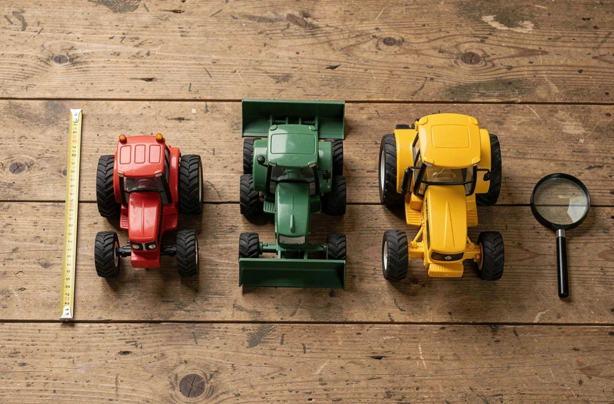 Comparaison de trois jouets tracteurs agricoles différents disposés en flat lay sur une table en bois rustique