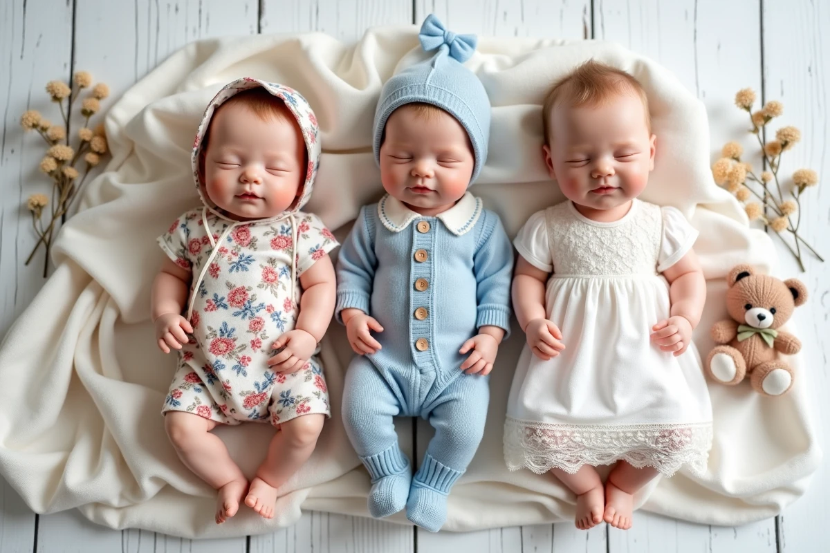 Comparatif de trois poupées reborn réalistes de tailles différentes avec accessoires et vêtements faits main