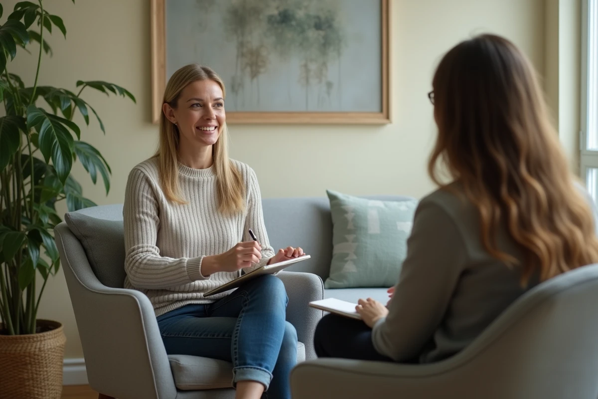 Séance de suivi psychologique entre une thérapeute et une patiente adulte dans un cabinet spécialisé, abordant la santé mentale et la parentalité