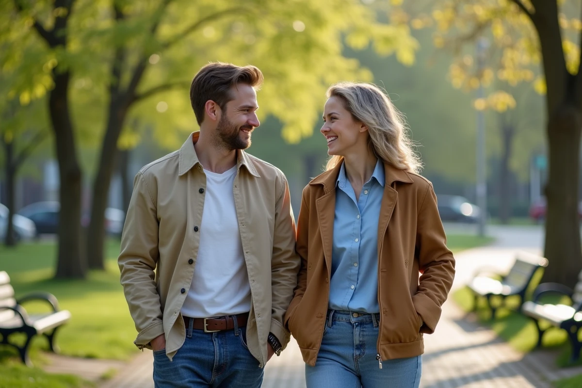 Jeune couple marchant dans un parc printanier en discutant