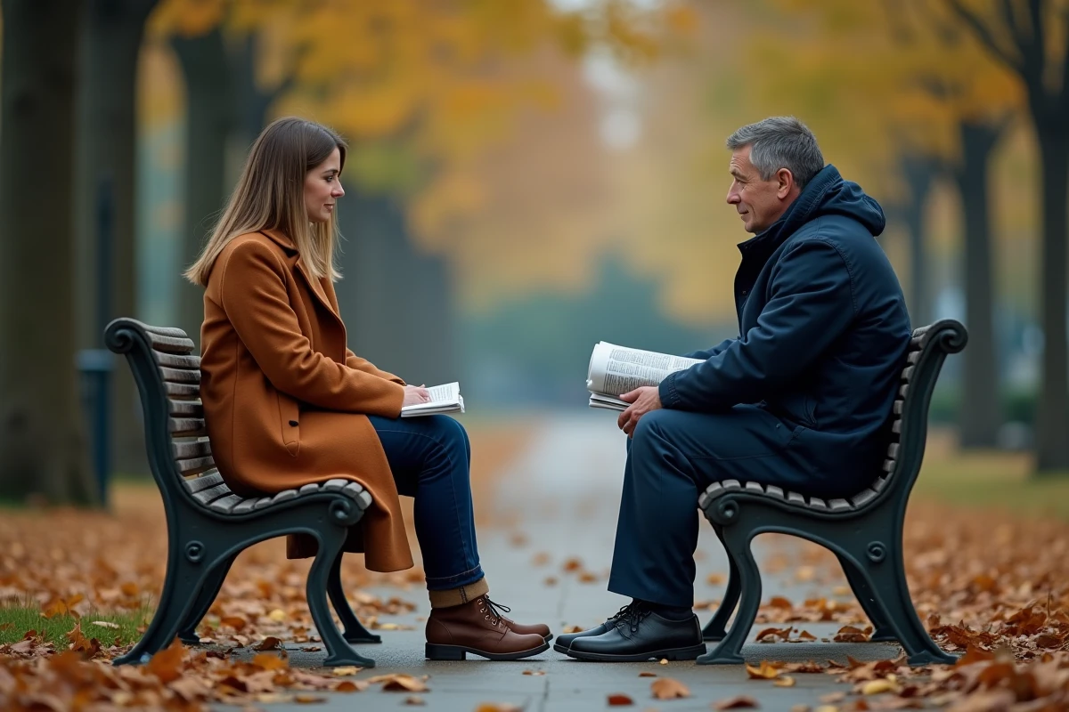 Couple assis séparément sur un banc de parc en automne, illustrant la distance émotionnelle et la rupture imminente d'une relation avec un homme marié