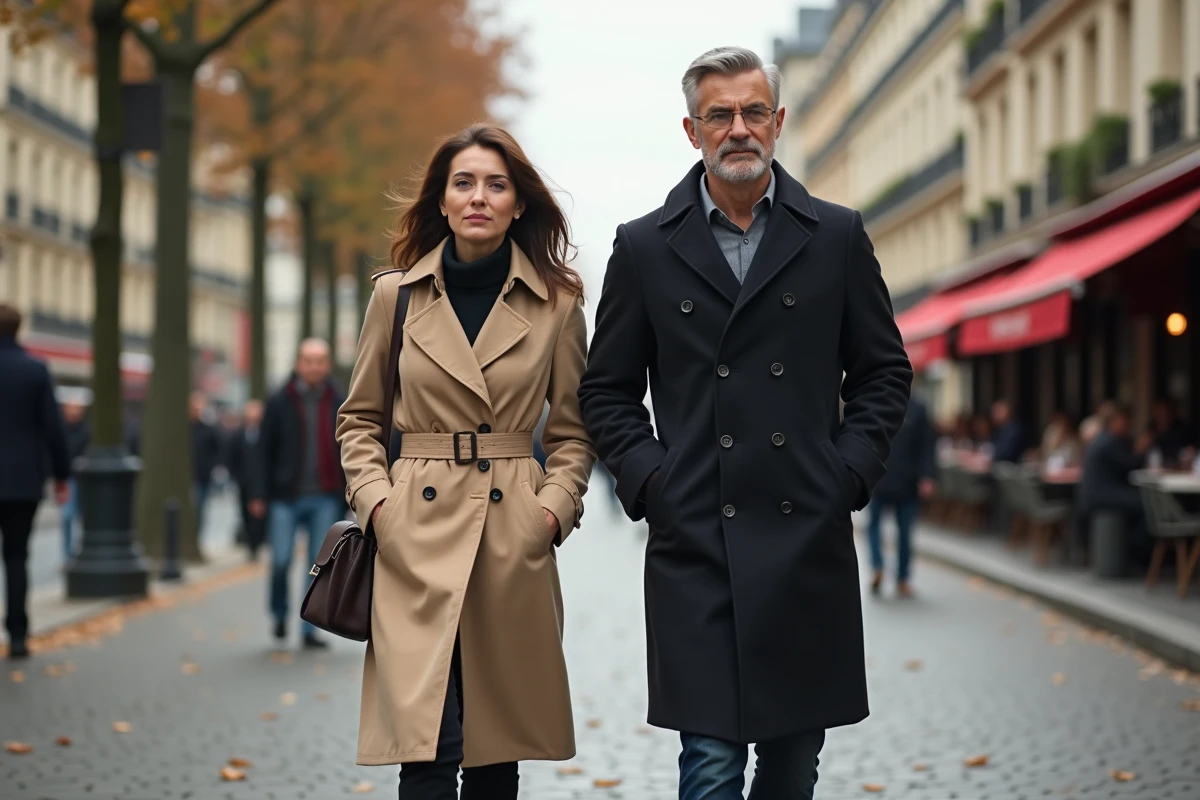 Couple discret marchant ensemble sur un boulevard parisien, illustration des rares apparitions publiques d'une personnalité et son mari