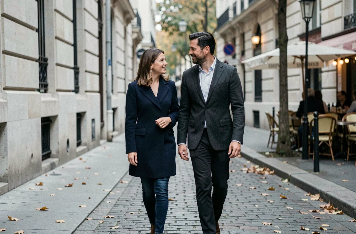 Couple marchant discrètement dans une rue parisienne, illustrant le mystère autour de la vie privée d'une personnalité publique