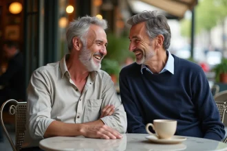 Deux hommes d'une cinquantaine d'années discutant à une terrasse de café parisienne, illustration de la vie privée d'un couple discret