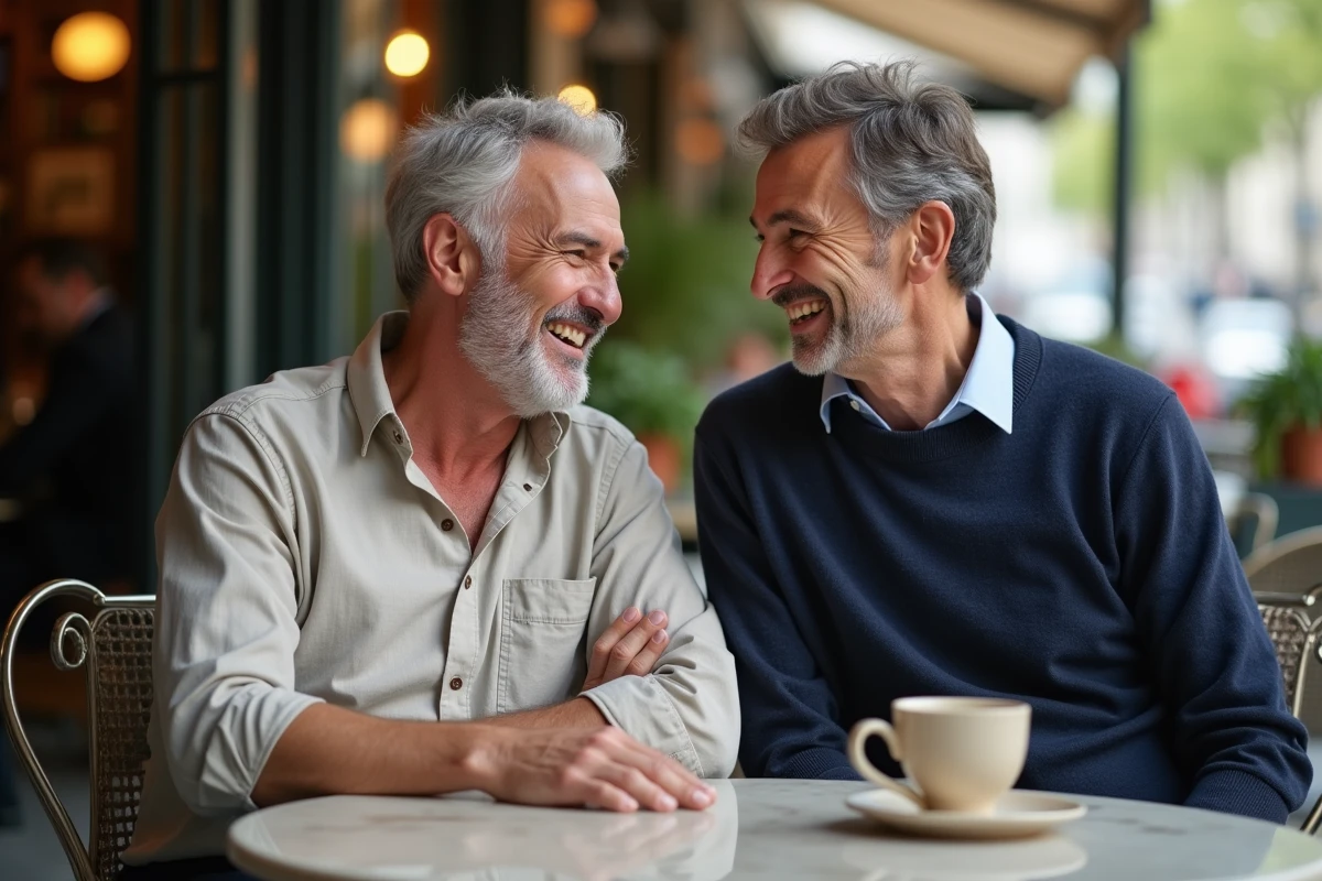 Deux hommes d'une cinquantaine d'années discutant à une terrasse de café parisienne, illustration de la vie privée d'un couple discret