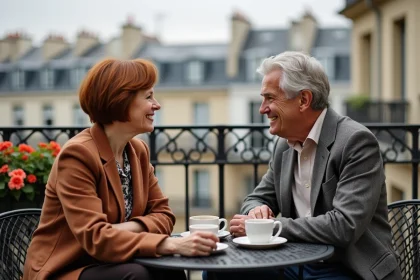 Couple discret et élégant partageant un café sur une terrasse parisienne, illustrant une vie de couple épanouie loin des projecteurs