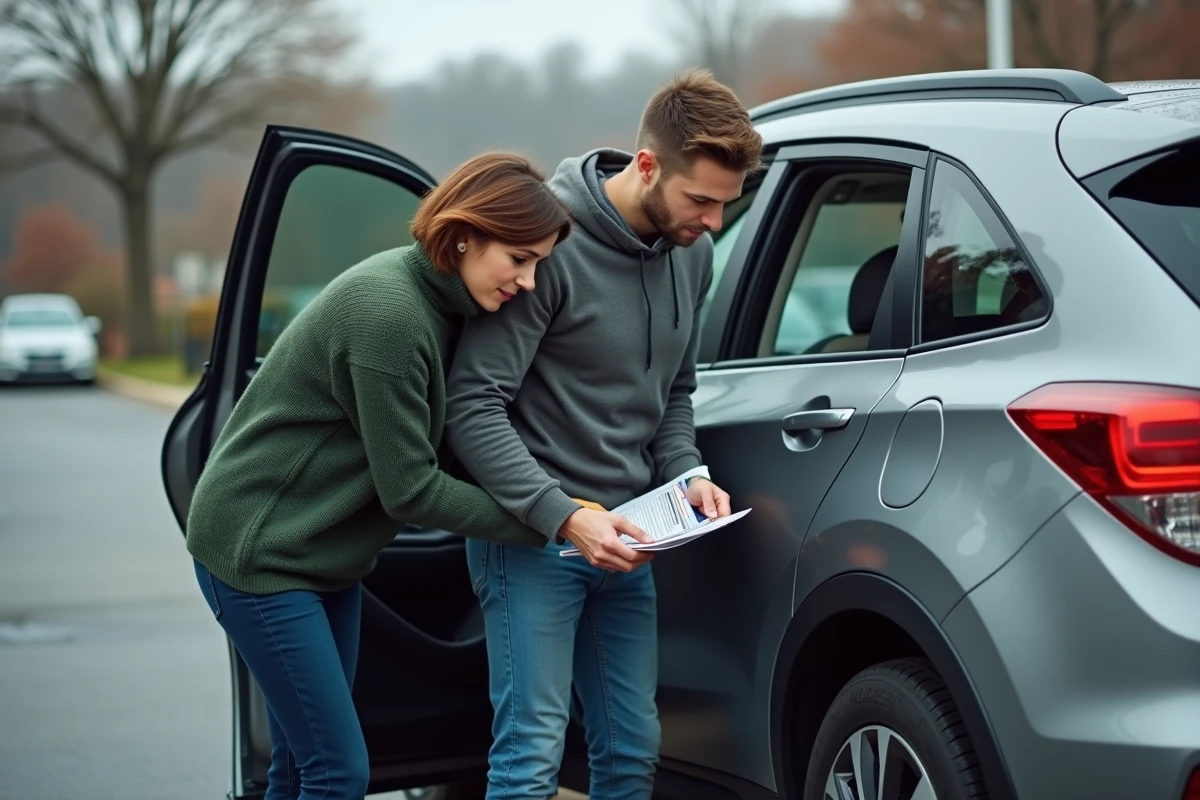 Couple vérifiant l'installation d'un siège auto ISOFIX dans un SUV familial à l'aide d'un guide comparatif de sécurité