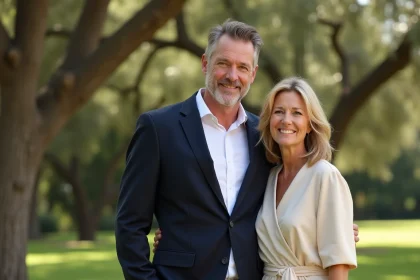 Couple élégant souriant dans un jardin verdoyant, illustrant un mariage discret et durable à Hollywood