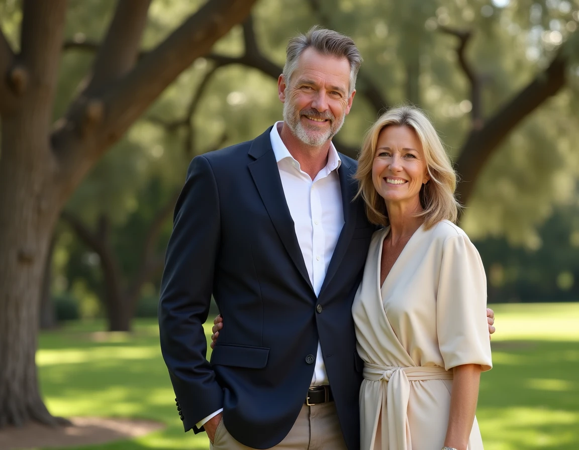 Couple élégant souriant dans un jardin verdoyant, illustrant un mariage discret et durable à Hollywood