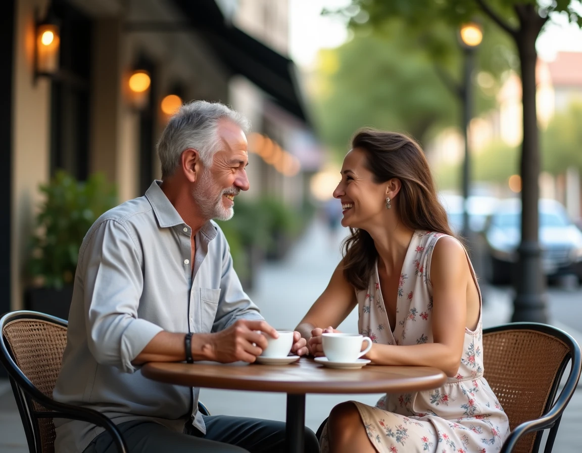 Couple d'âge mûr attablé en terrasse de café, évoquant la complicité et la longévité d'un couple marié